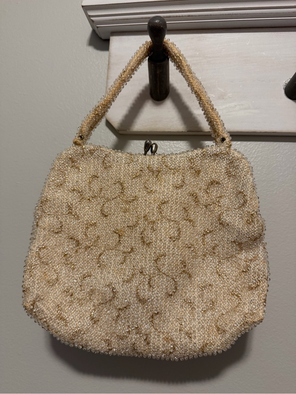 Cream Beaded Evening Clutch with Gold Threading